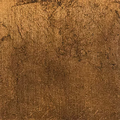 Close-up Broken Copper Leaf: irregular surface in copper tones with dark cracks and flaked areas, suggesting aged and fragmented copper leaf.