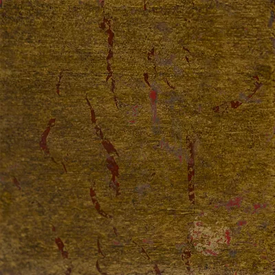 Close-up Broken Red Gold Leaf: irregular surface in reddish gold tones with dark cracks and flaked areas, suggesting aged and fragmented red gold leaf.