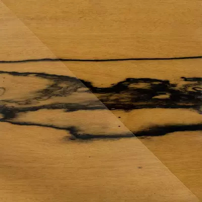 Close-up Ebony Royal (Matte / Gloss): wood surface with two contrasting halves. The upper half features a matte finish with light brown tones and irregular black veins. The lower half has a glossy finish, enhancing the depth of the colors and light reflections.