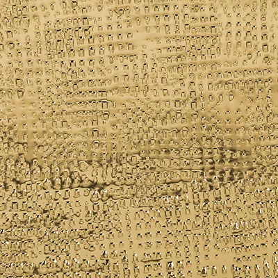 Close-up Hammered Pique Brass (Gloss): golden surface with an irregular hammered texture and small raised dots, featuring an intense shine.