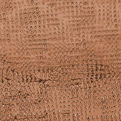 Close-up Hammered Pique Copper (Gloss): copper surface with an irregular hammered texture and small raised dots. Features an intense shine that reflects light on the various surfaces.