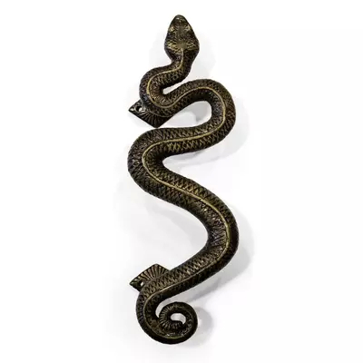 Close-up of the India Pull: a sinuous snake-shaped door pull in high gloss aged brass. Features textured details along the snake's body and an elegant curved form.