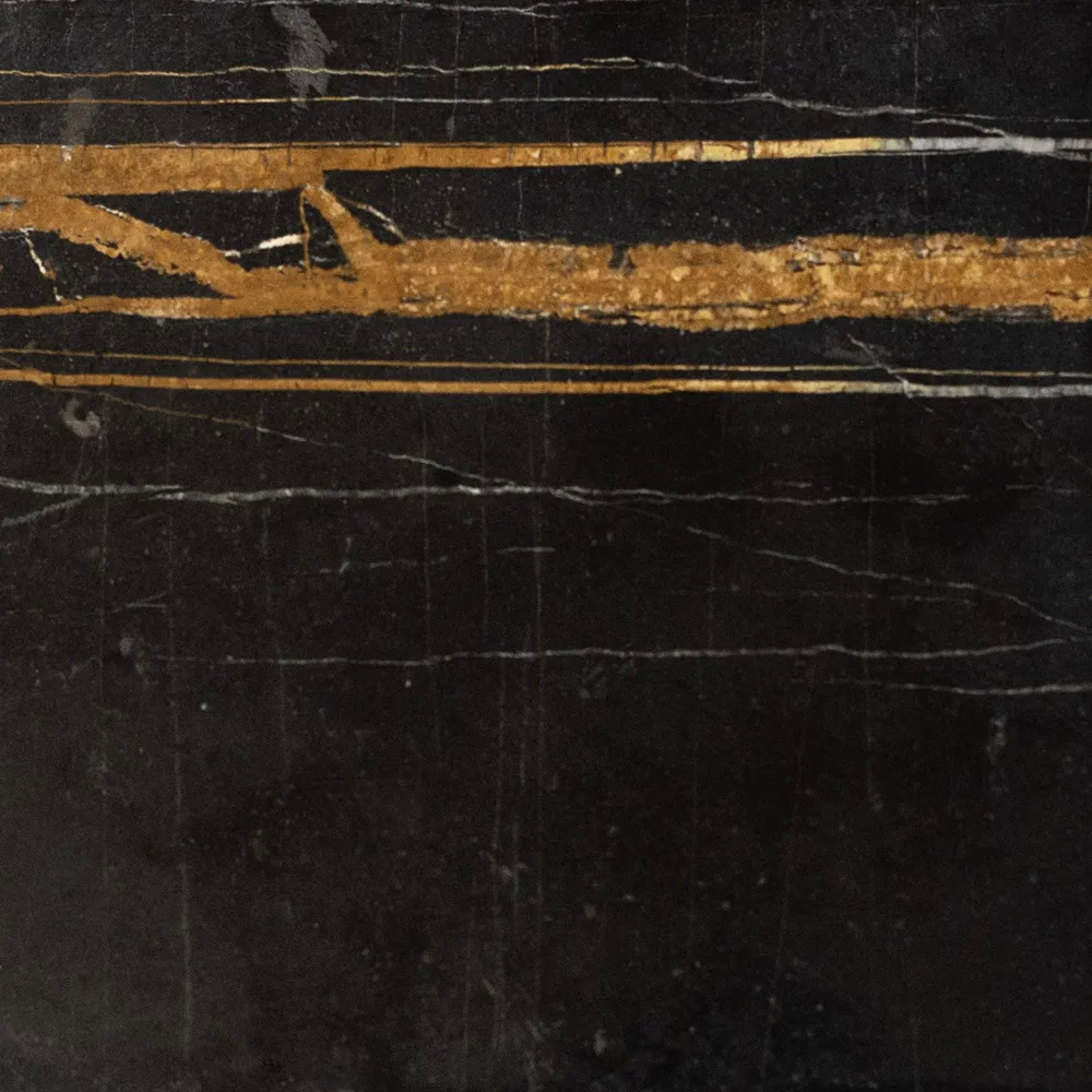 Close-up Sahara Noir Marble: intense black marble with striking horizontal veins in shades of gold and white. Features a polished and glossy surface.