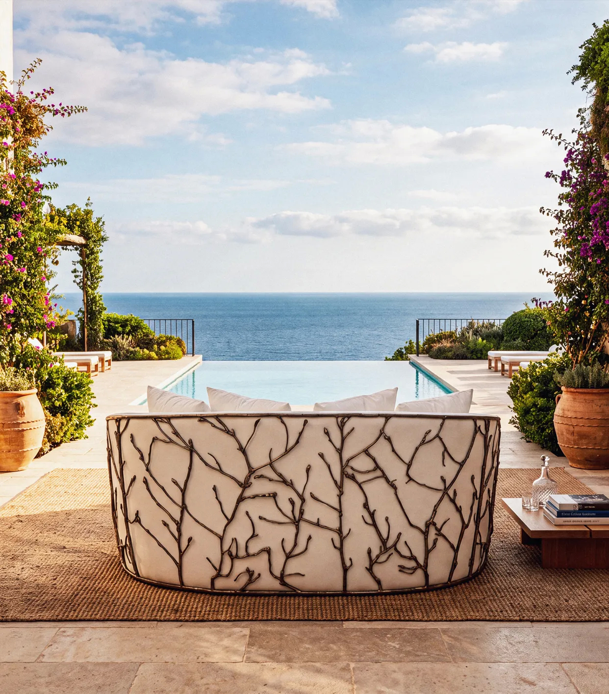 The KOKET Enchanted Sofa seen from behind, its gilded branch frame framing an infinity pool and the sea.