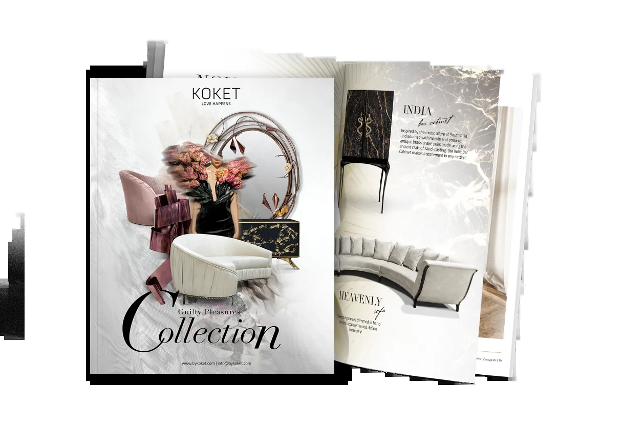The KOKET Guilty Pleasures Collection catalog cover features luxurious furniture and decor in rich jewel tones and metallics.