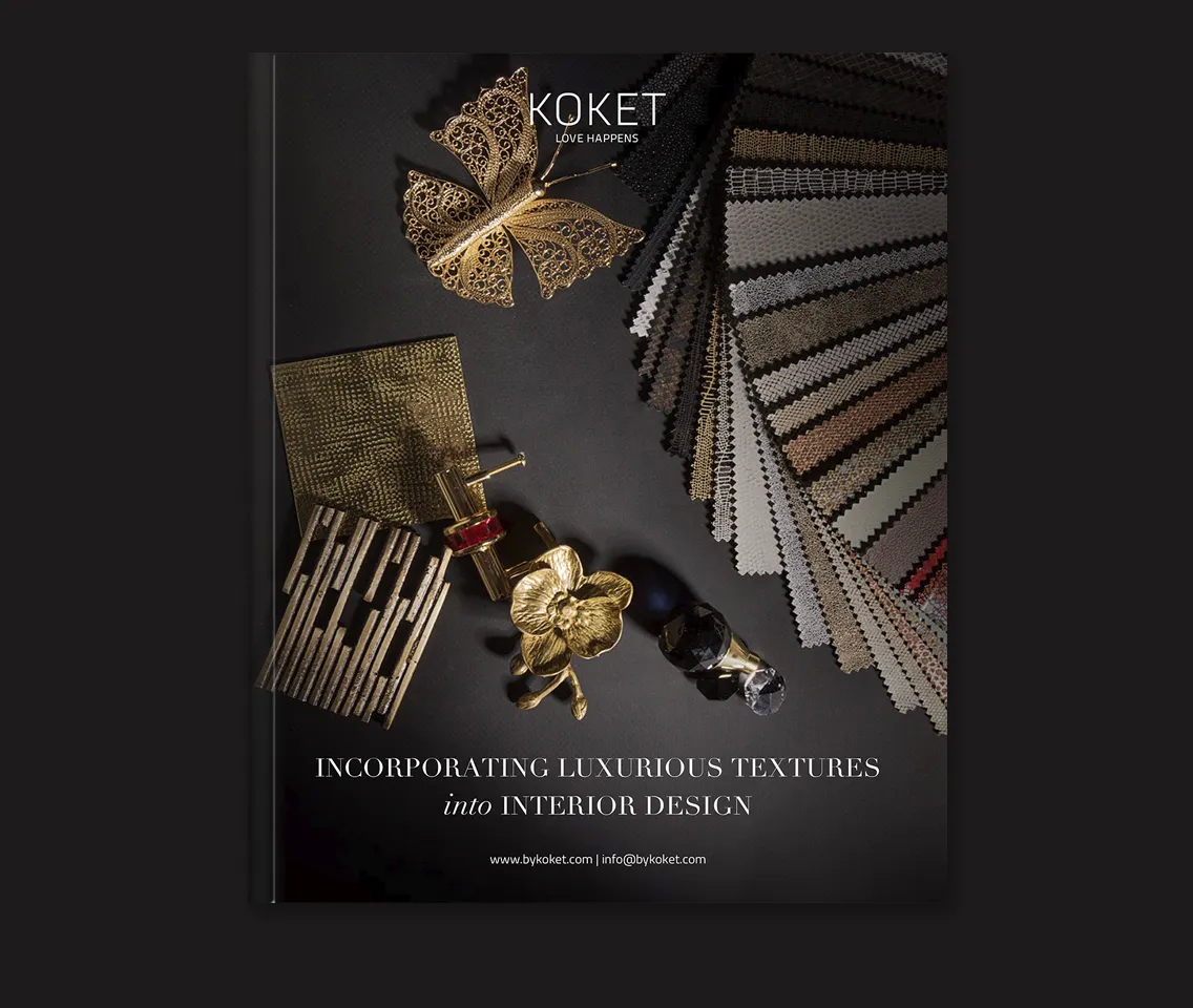 Koket catalog: Incorporating Luxurious Textures into Interior Design featuring fabric swatches, a butterfly, and metallic accents on a dark background.