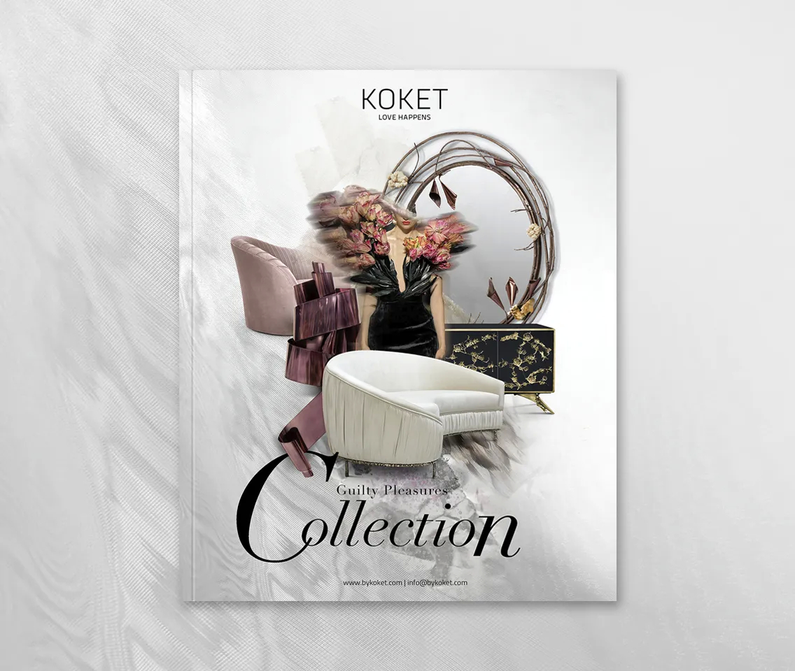 Koket's Guilty Pleasures Collection catalog cover featuring a close-up of a luxurious, dark upholstered furniture piece with intricate details and textures.