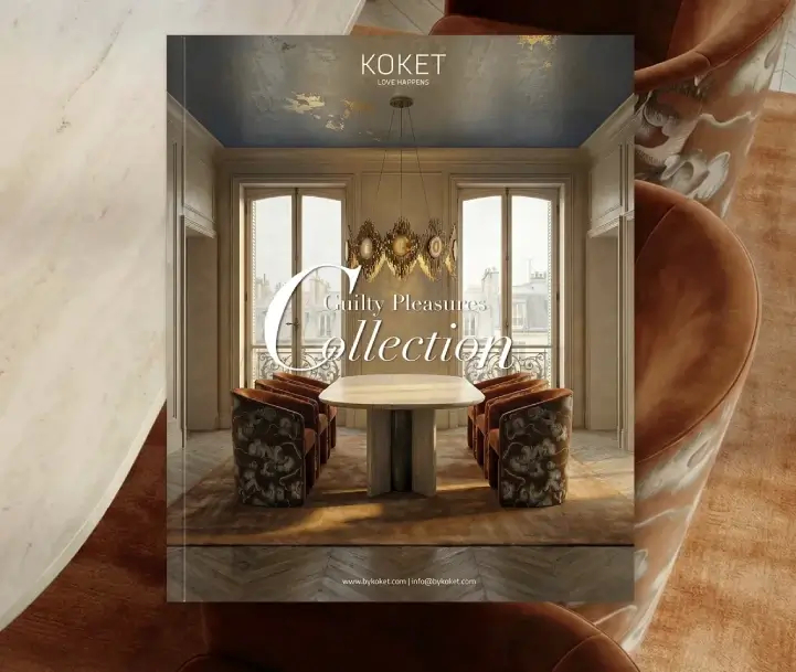 Cover of the KOKET Guilty Pleasures Collection catalog showcasing an elegant dining room with sculptural lighting, plush patterned chairs, and refined architectural details.