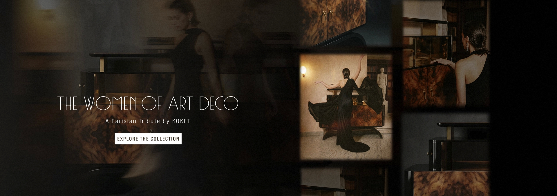 KOKET Women of Art Deco Parisian tribute hero image featuring a cinematic luxury interior with Art Deco-inspired furniture, warm wood finishes, mirrored reflections, and an elegant woman in a black dress.