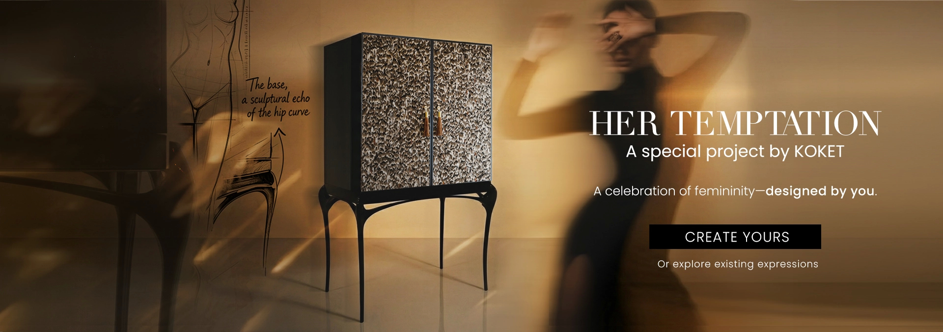 Luxury designer cabinet by Koket with sculptural legs and textured feathers doors in an elegant contemporary interior.