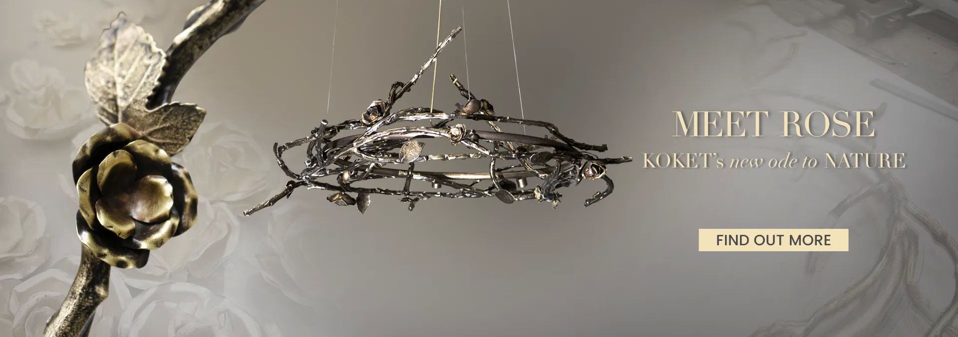 Rose chandelier by KOKET, handcrafted in metal and inspired by rose branches and flowers, a modern luxury lighting piece from KOKET’s new collection.