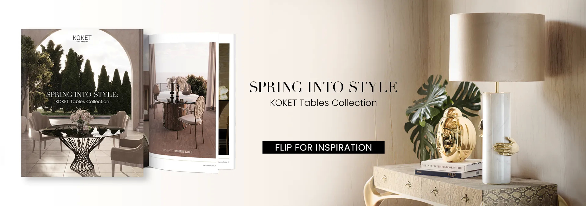 A KOKET catalog titled 'Spring Into Style: KOKET Tables Collection' is displayed open, inviting viewers to Flip for Inspiration.