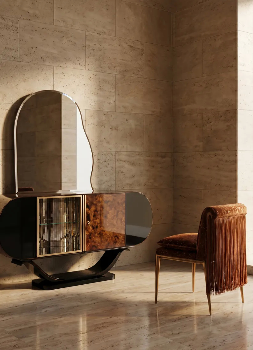 Contemporary living space with Lucienne dining chair and Florence bar cabinet.