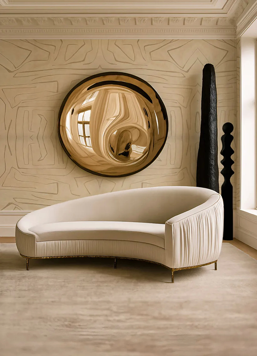 A luxurious Vamp Metal Base Sofa, an off-white curved sofa with a gold base, is in a room with a large gold convex mirror and two dark sculptures.