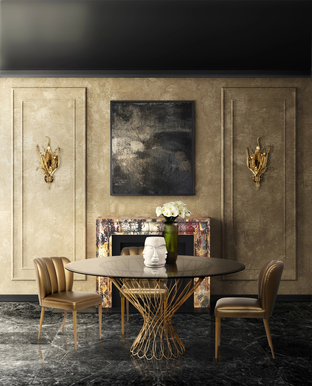 Luxurious dining room featuring the Allure Dining Table by KOKET with a sculptural gold ribbon base and glass top, surrounded by elegant upholstered chairs, set against a textured gold wall and marble floor.