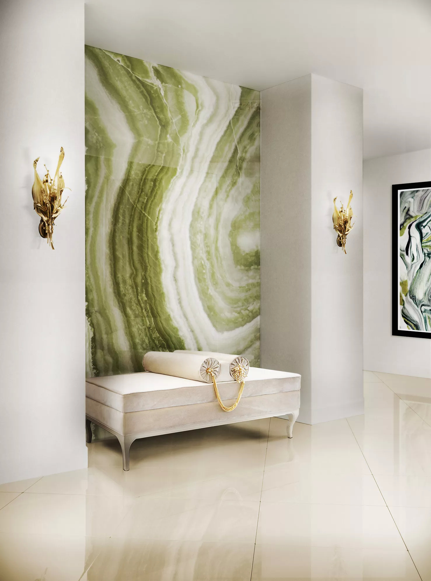 This is a hallway not merely to be passed through, but to be experienced, a place where elegance lingers in every corner, inviting you to pause and appreciate its beauty. The white Lé-lé Bench in the center graces the space with an understated glamour. Above, the golden Botanica Sconces bloom with its delicate floral motifs, casting a glow that whispers whimsy.