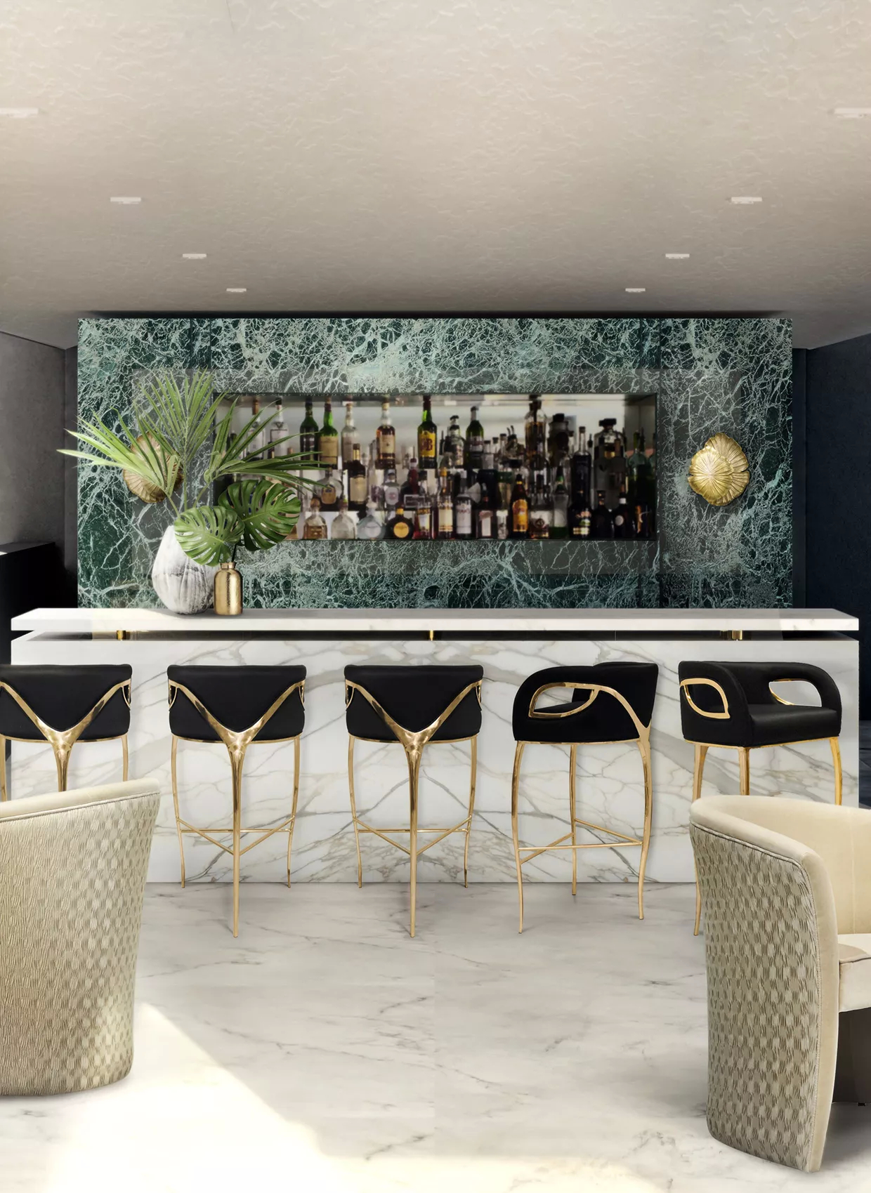 A bar in a hospitality space, where the background wall is made of marble in blue hues. The white marble counter in front is surrounded by five Chandra Bar Stools, distinguished by their three-feet structure, featuring a luxurious black upholstery and a golden frame.