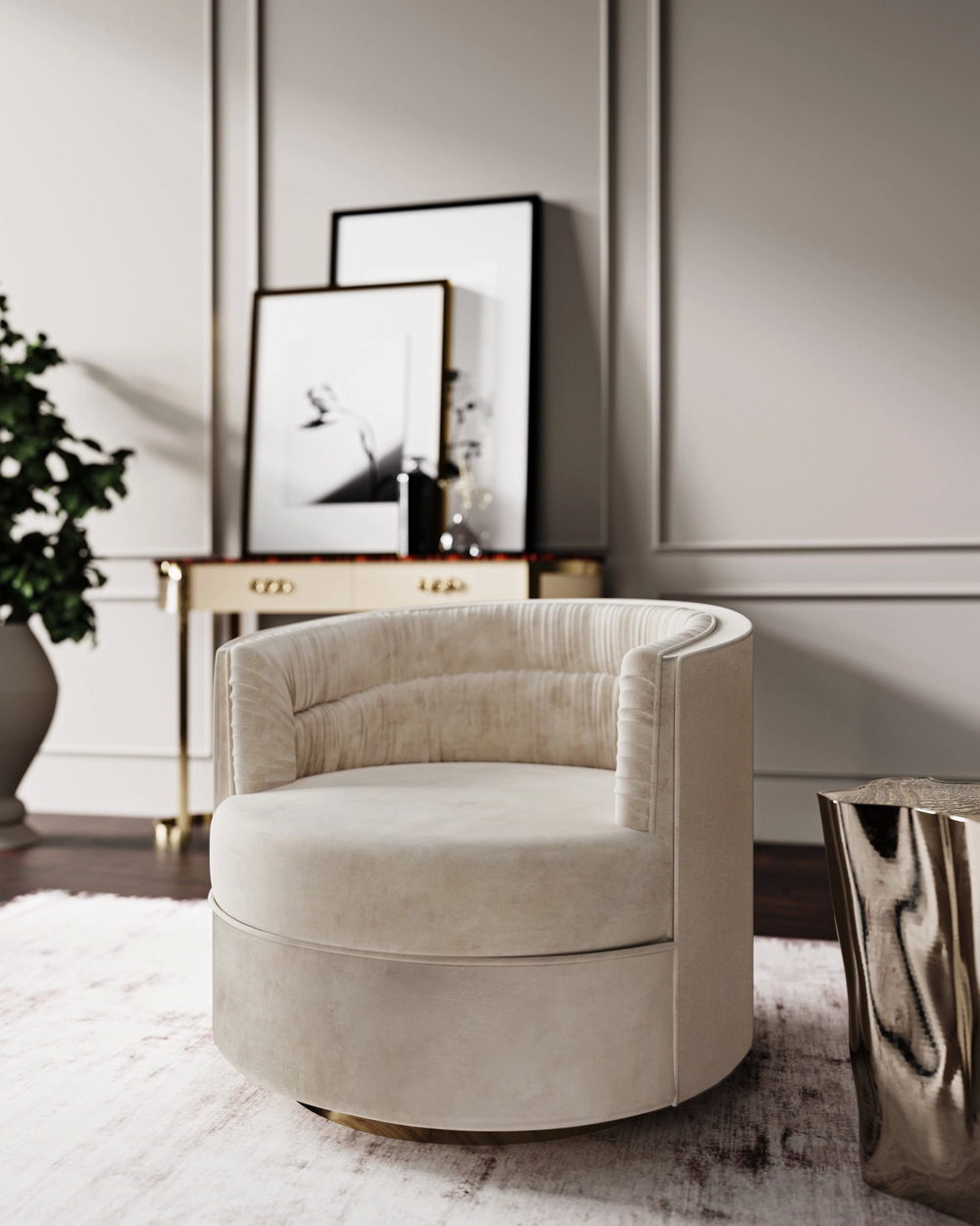 A stylish white chair set against a backdrop of luxurious gold accents in the room.