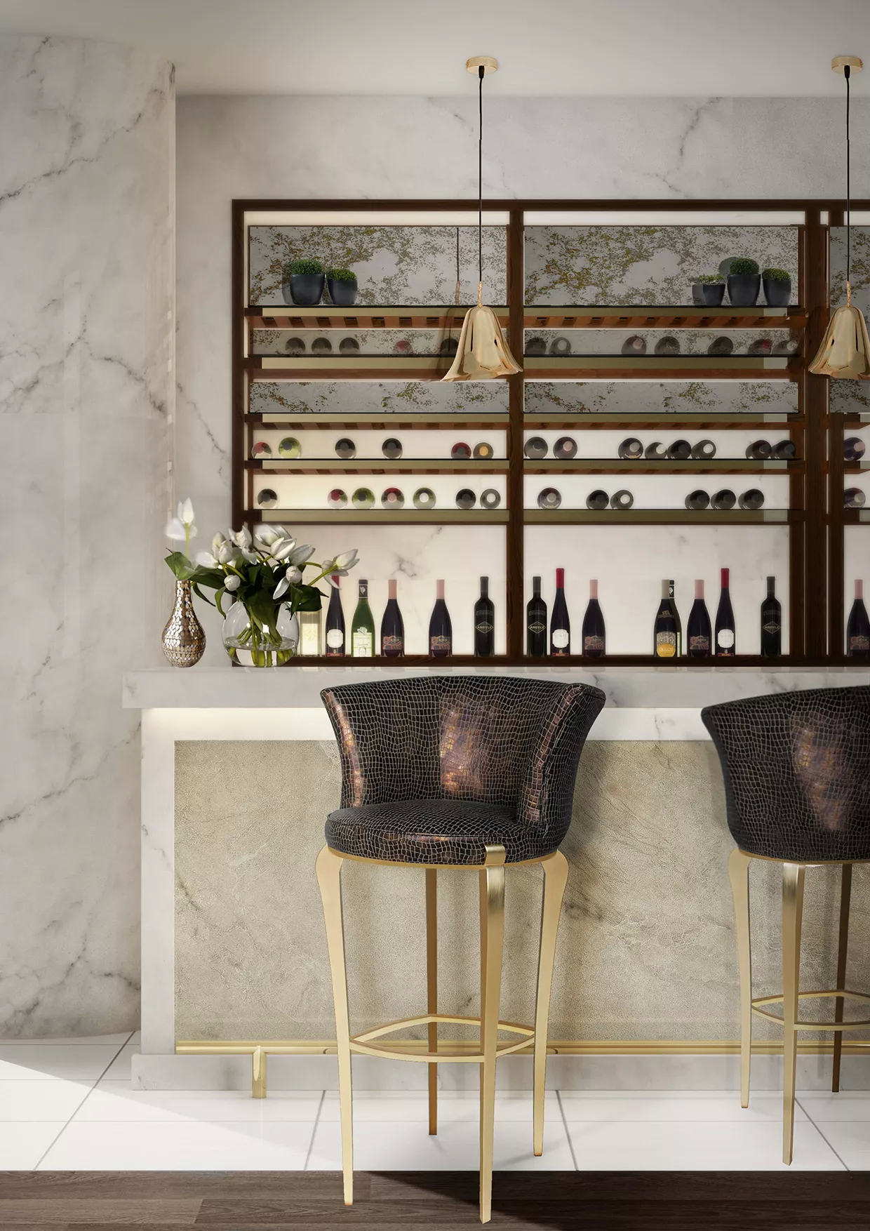 A bright home office with a marble wall and counter. Behind the counter, there are shelves with beverages. In front, two Deliciosa Bar Stools stand, featuring a brown shimmering upholstery and a golden structure.