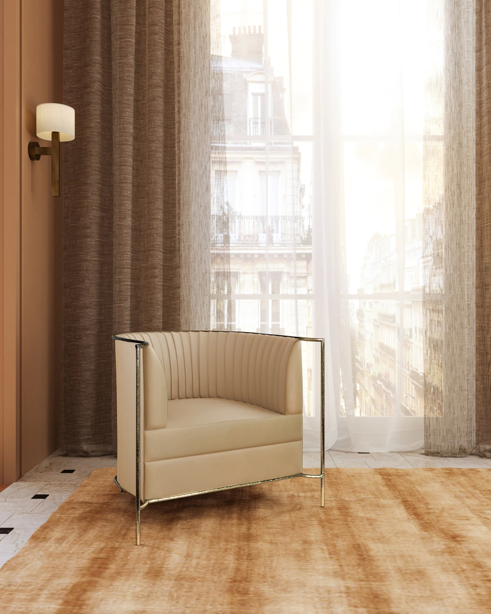 A chair positioned in a room featuring a window and a decorative rug on the floor.