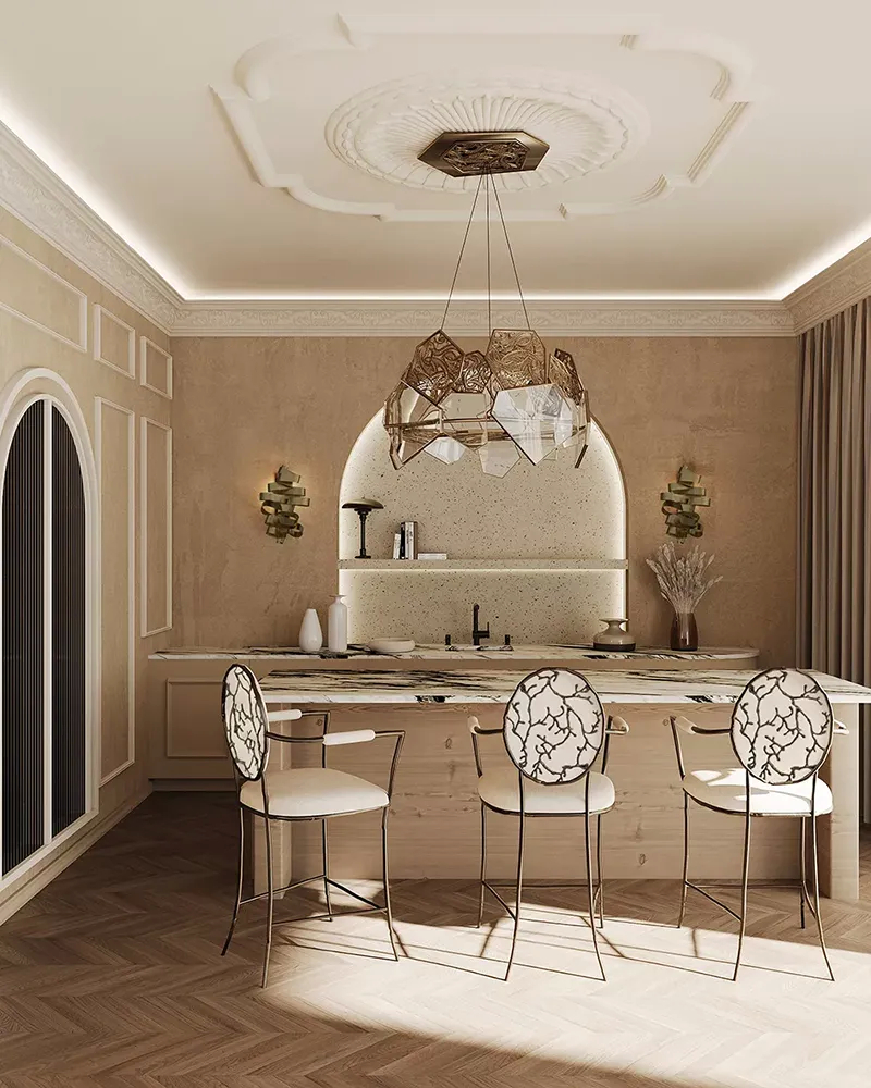 A chic kitchen boasts three Enchanted Bar Stools by Koket, a unique geometric chandelier, and a marble-accented back wall.
