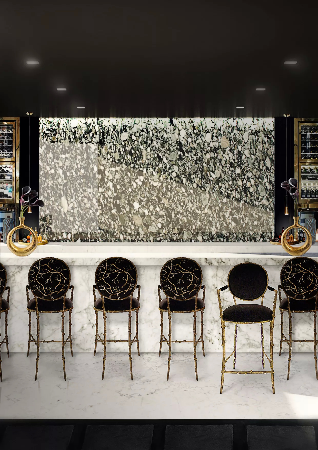 In a neutral-colored hospitality bar, with textured walls and a white marble counter, five Enchanted Bar Stool showcase their elegant aged brass frame that resembles branches, combining with the glamourous black upholstery.
