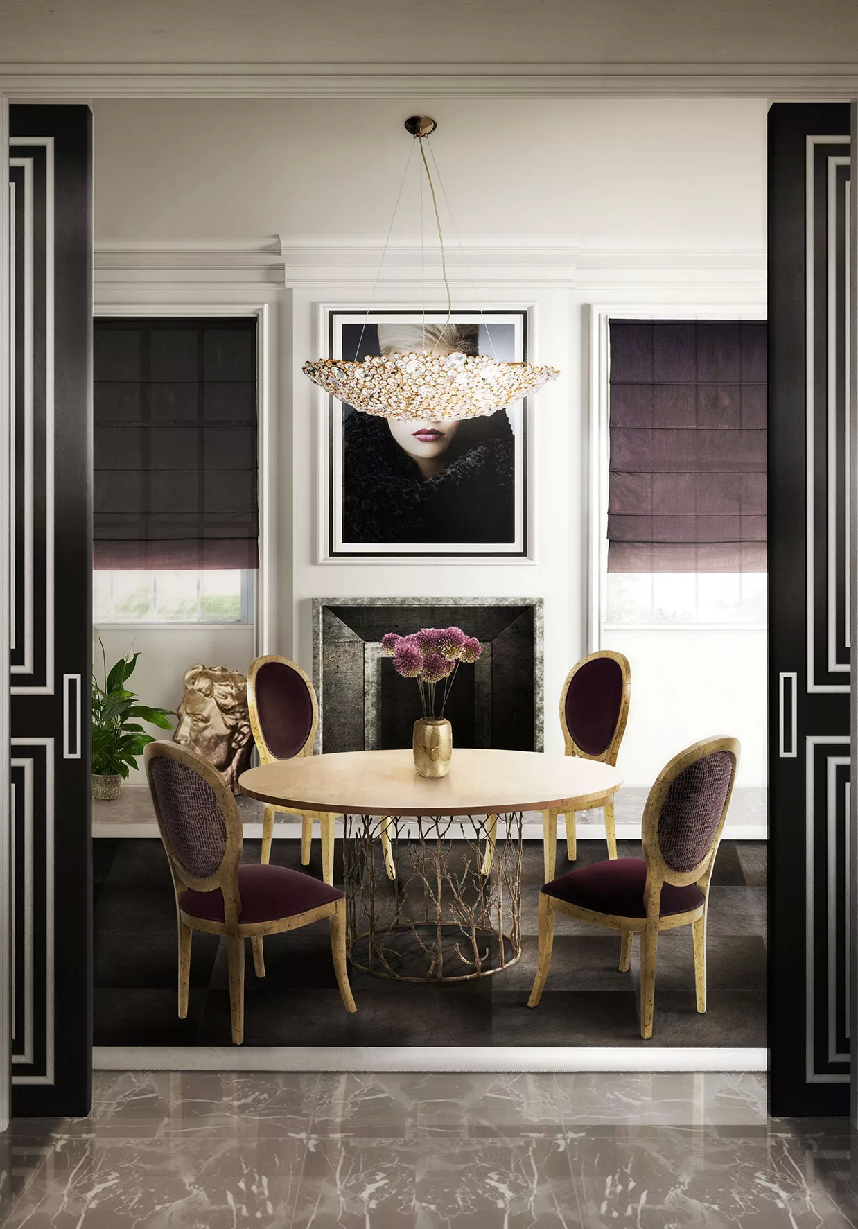 Two open black doors, showing a dining room in dark hues, such as black and dark purple, with an Enchanted Dining Table featuring its graceful structure resembling branches and a wooden tabletop, surrounded by four dining chairs with dark purple upholstery. Above it, the Eternity Chandelier brings light into the space.  In the background there is a fireplace with a frame above it, as well as two windows with dark purple blinds.