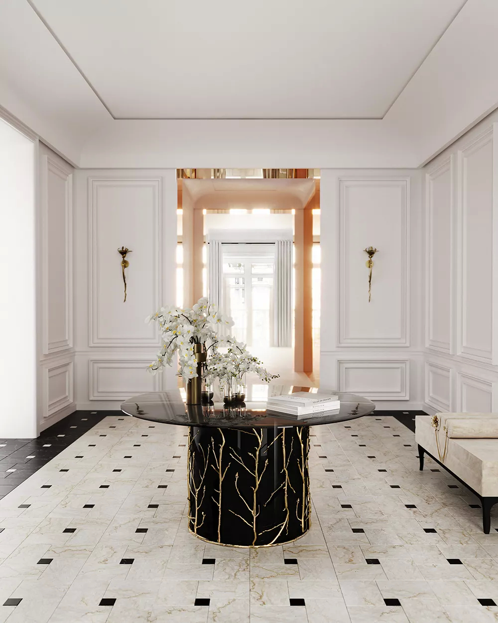 This entryway is a radiant blend of elegance and modern artistry, where every detail whispers luxury and sophistication. At its heart stands the Enchanted Dining Table, a masterpiece inspired in nature’s beauty, its golden branches weaving stories into the space. The Flora Sconces, with their organic design, align with the inspiration in Nature, casting a warm glow. Anchoring the space is the white Lé-Lé Bench, a vision of glamour, its golden accents as quiet whispers of style.