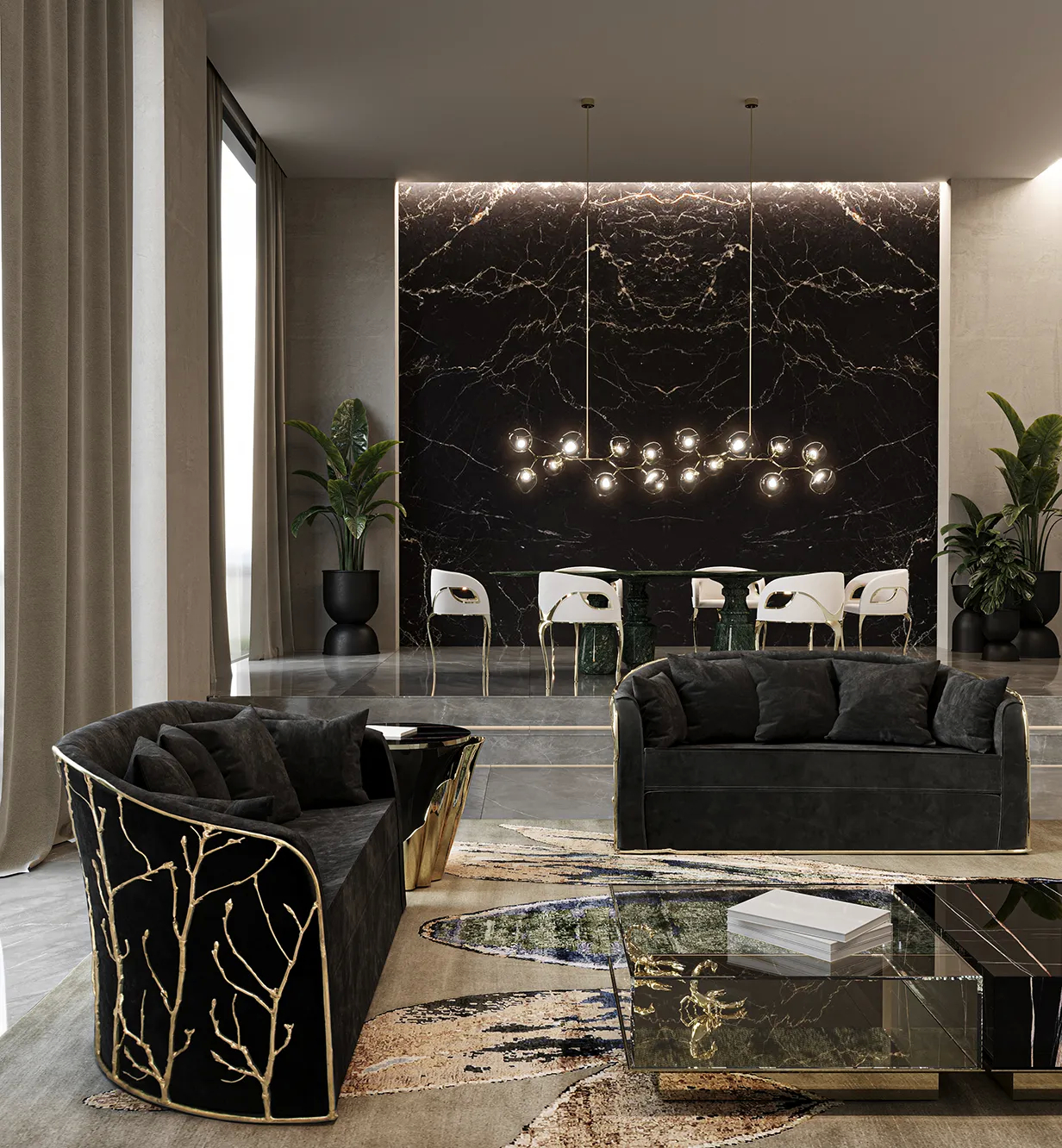 A luxurious living space with a black and gold Enchanted Sofa, modern lighting, and a dining area with marble wall.