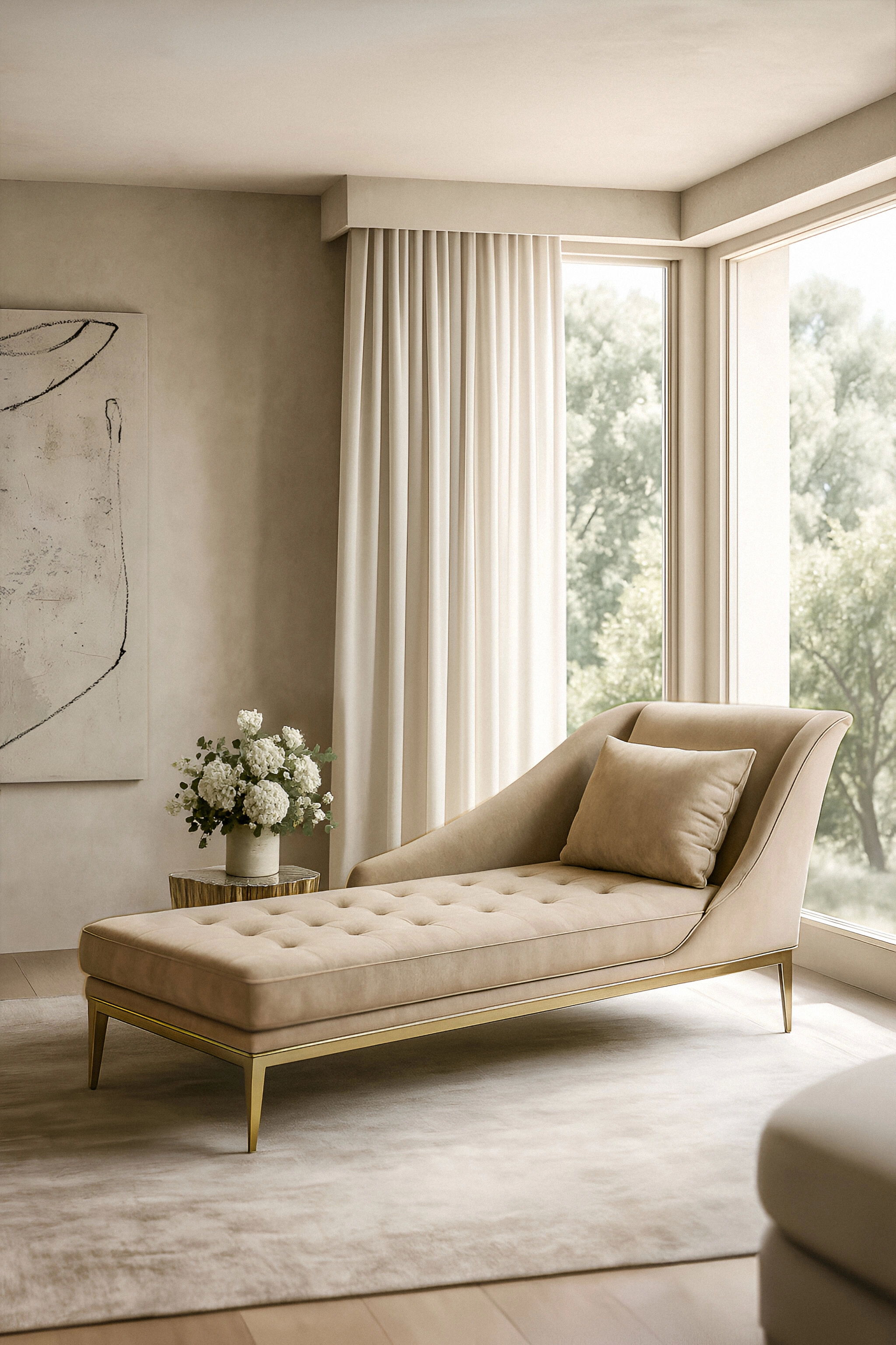 Elegant beige Envy Chaise by KOKET with gold legs and tufting, featured in a chic interior with a large window and floral arrangement, emphasizing luxury and modern design.