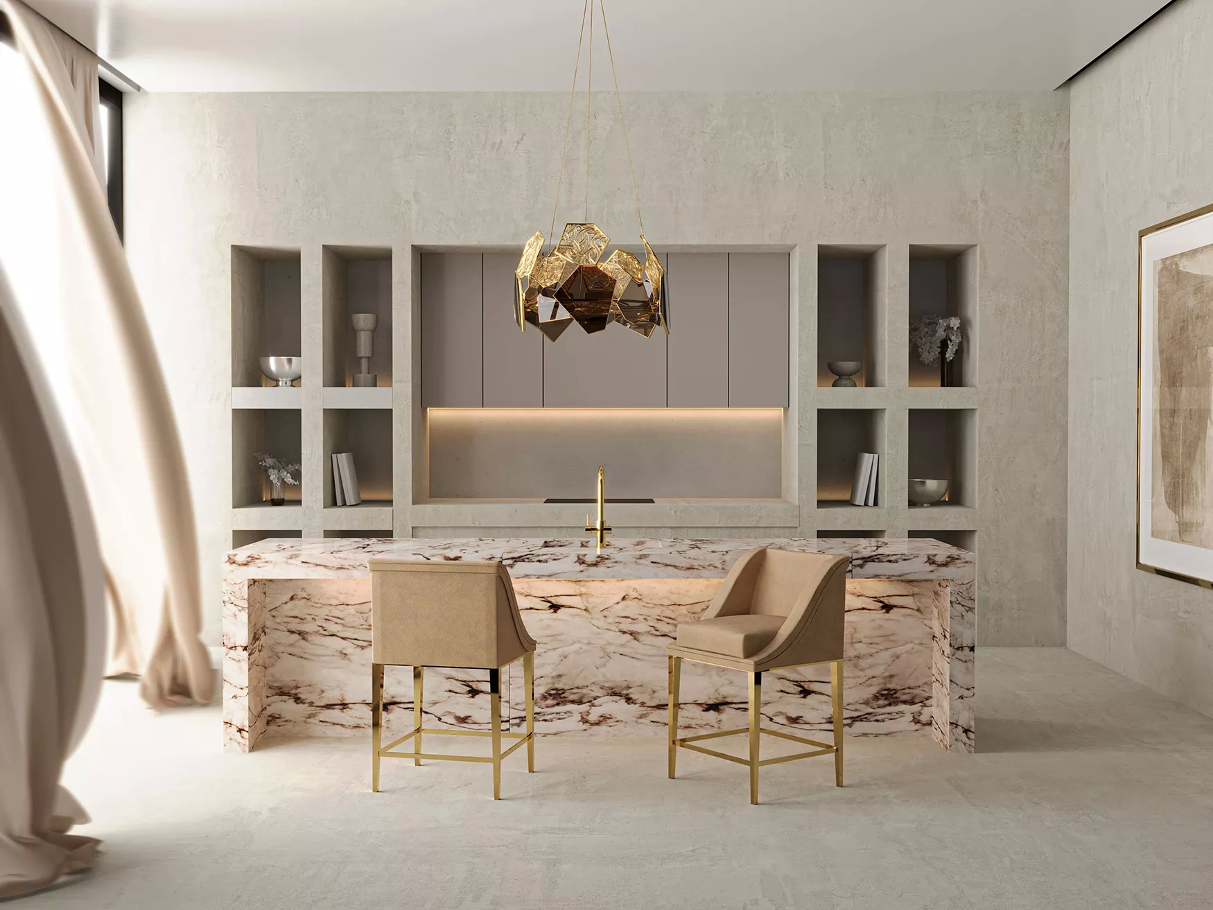 In neutral hues, this spacious kitchen has a large marble center island. Two simple yet refined Geisha Counter Stools sit by the island, and an artistic Hypnotic Chandelier with its golden details serves as a statement piece. In the background there is storage space and a sink.
