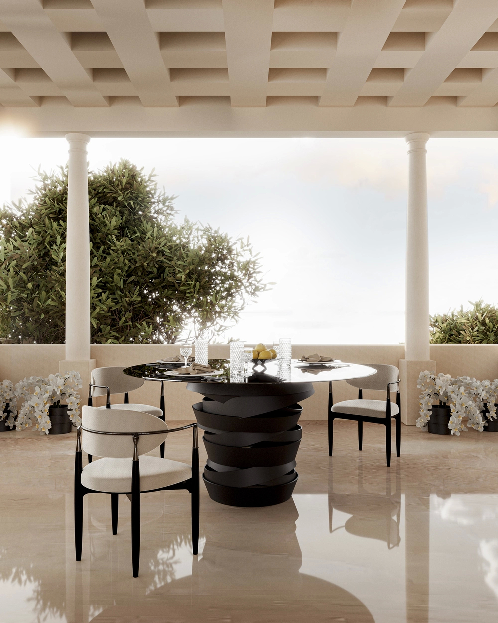 The Intuition dining table transforms this outdoor setting into a haven of sculptural sophistication. Its fluid metallic base and circular glass top reflect nature’s beauty, inviting unforgettable gatherings where design and serenity entwine.