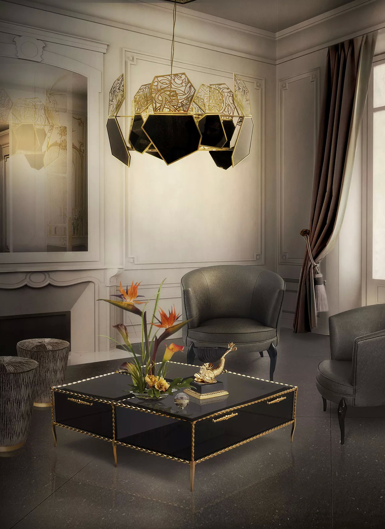 Combining light and dark hues, this living room has cream walls contrasting with the dark upholstery. The Hypnotic Chandelier, hanging from the ceiling has geometric forms in golden and black, add a touch of luxury. Below, two grey Delice Chairs bring comfort into the space next to a black coffee table.