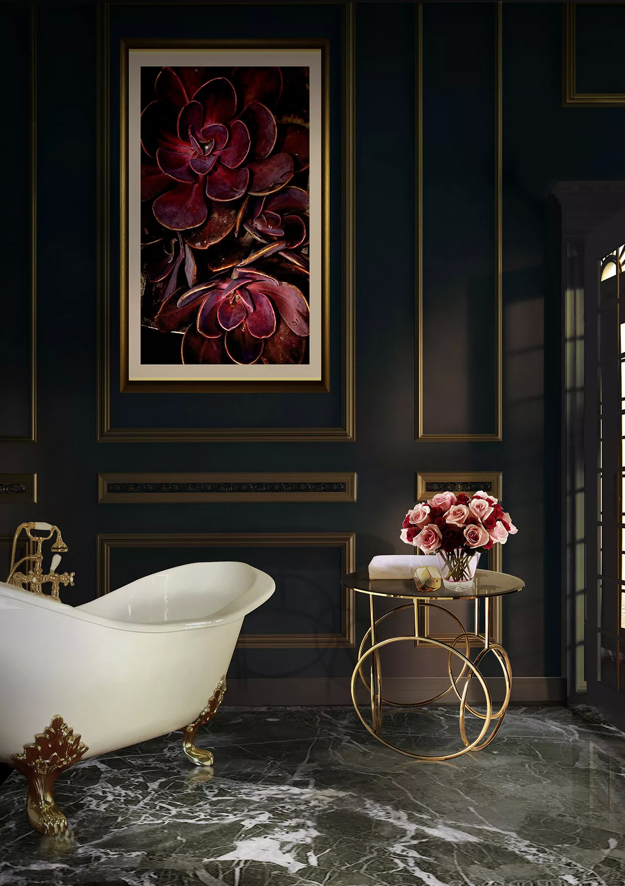 A bathroom in dark hues with a mysterious yet romantic ambiance. The dark colored walls combine with the floral elements on the frame and on the bouquet set on the Kiki Side table. This side table, with a glass tabletop, features an elegant structure with golden circles. By the side table there is a bathtub with golden details.