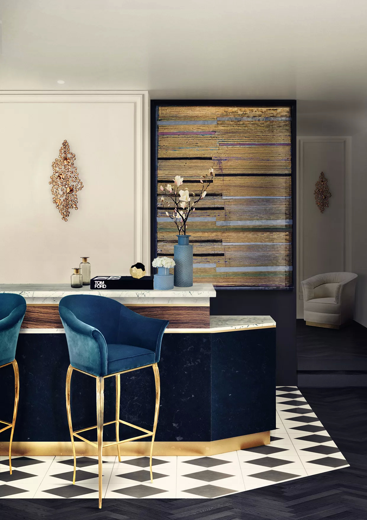 This home bar, in black and white hues, radiates comfort and elegance. The Mimi Bar Stool with its emerald velvety upholstery and curvy lines, is the star of the space, adding a touch of classiness to the space. The Eternity Sconces in the back enhance the luxury feel.