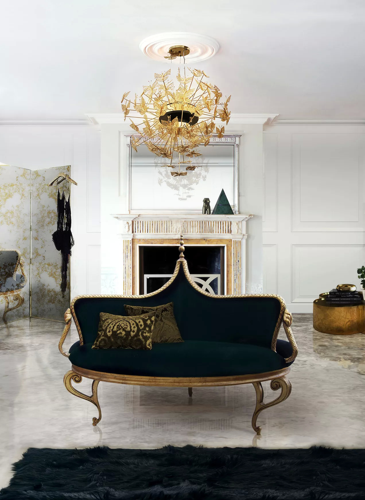 A bright living room with eclectic pieces of furniture, such as the bold Mistress Sofa, with black upholstery and a structure that resembles snakes. Above, the vibrant Nymph Chandelier catches the eye with its intricate golden butterflies hovering the air.