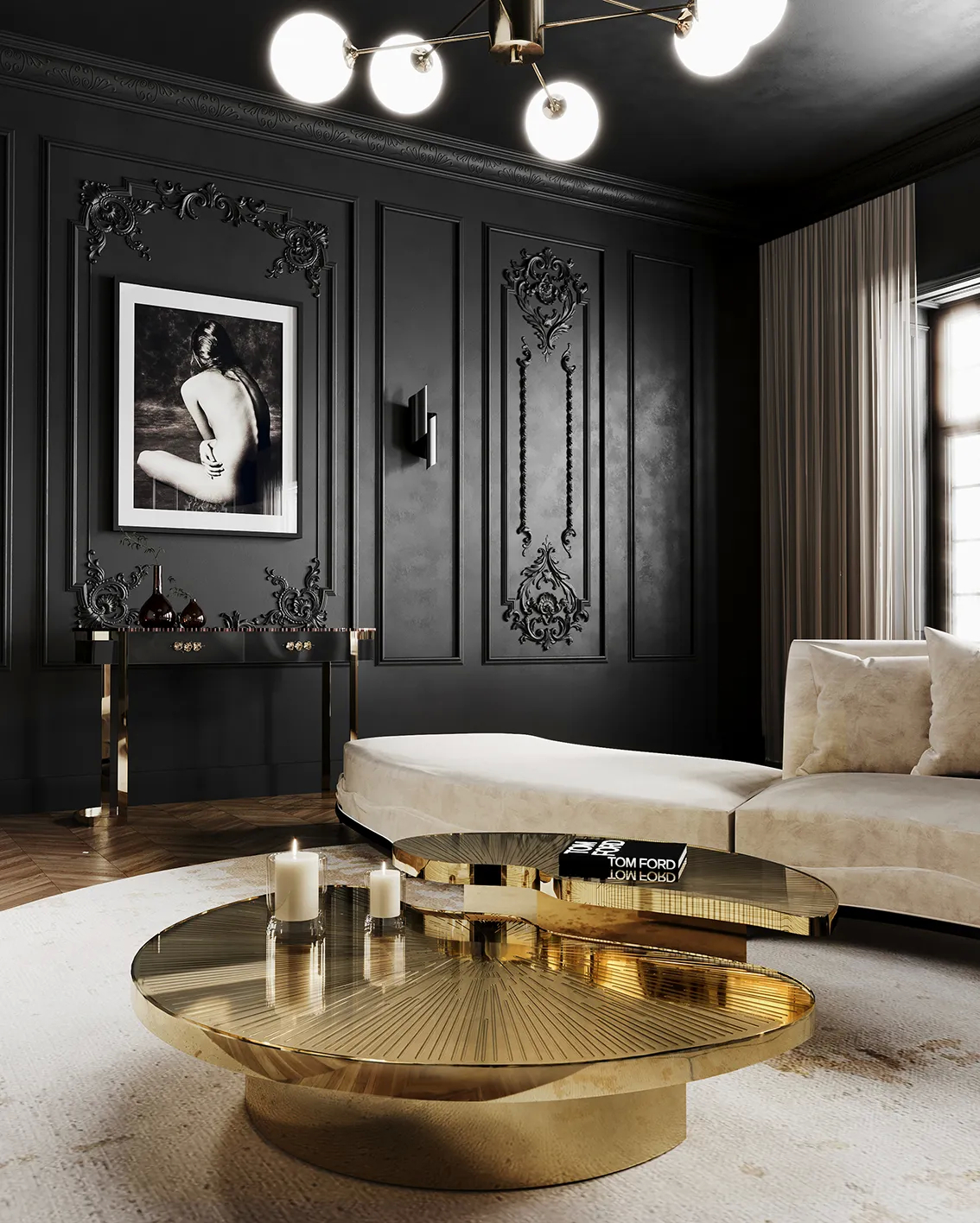 A glamorous living room featuring a gold Myth Coffee Table and a white Heavenly Sofa with black paneled walls.