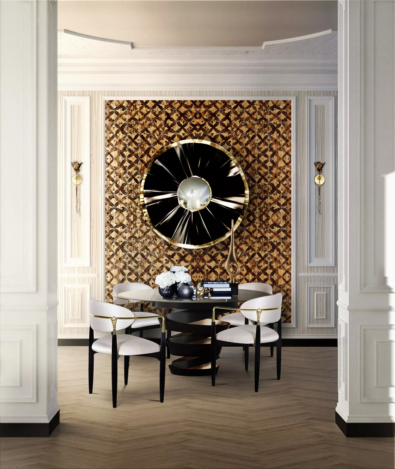 A combination of textures and contrasts, this dining room feels both timeless and contemporary. Capturing the reflections of the space, the glamourous black and golden Revê 2-Tier Mirror serves as the focal point, merging perfectly with the golden Flora Sconces by its side and the Intuition Dining Table, featuring a two-colored twisted base, in black and golden, that adds a sophisticated touch. The modern Nahéma Chair, with white upholstery and a black structure, echoes the room’s theme of contrast between light and dark.