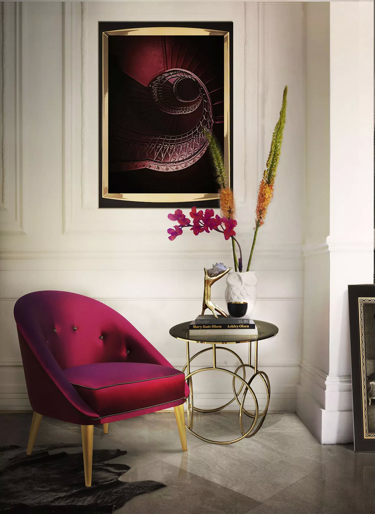 A colorful living room, with rich tones that evoke a feeling of comfort. The burgundy chair offers a comfortable sit, with a simple and classic design. Beside the chair, there’s a captivating Kiki Side Table, with its base of interlocking golden rings, creating a sense of artistic flair and motion, exuding refined elegance.