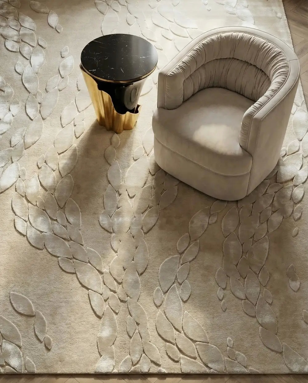 Luxury beige rug with sculpted organic pattern, Ophidia Beige Rug by KOKET in elegant contemporary interior