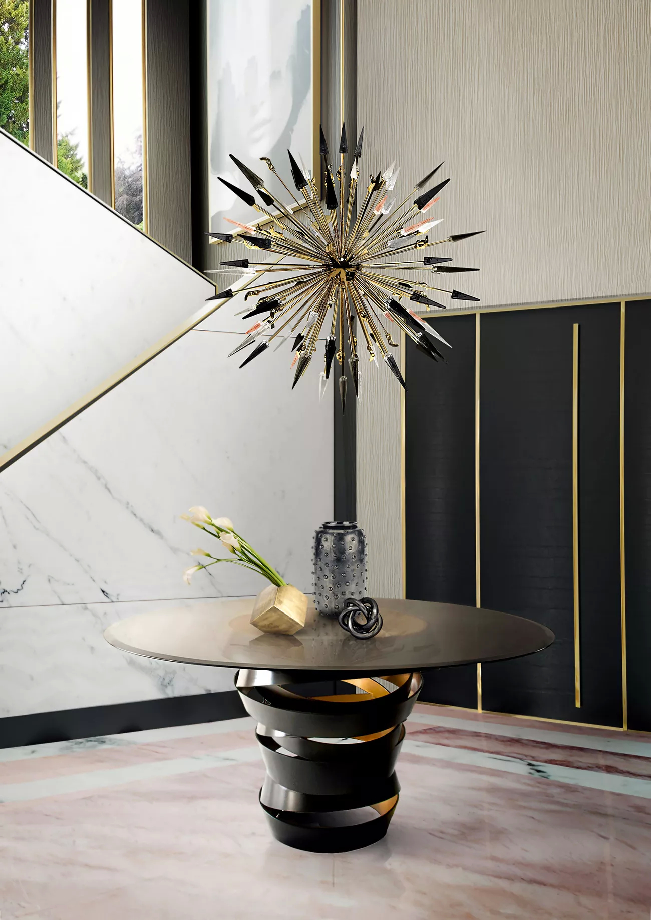 This entryway radiates modern elegance, where sharp lines and luxurious materials converge in perfect harmony. A striking Outburst Chandelier, in golden and black hues, hovers above, adding a dramatic touch. Below, an Intuition Table stands as a centerpiece, its spiral base, also in golden and black hues, twists gracefully.