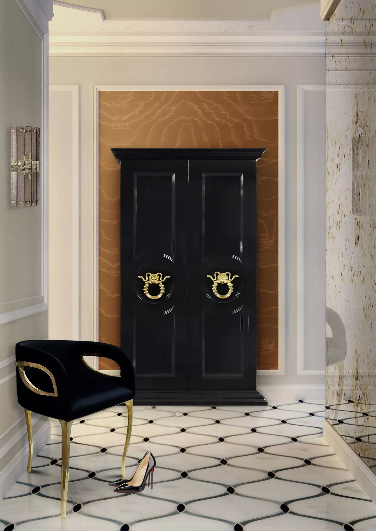 A luxurious and elegant interior scene unfolds, whispering refined taste. At its heart stands the striking black Parisian Armoire, its glossy surface reflecting subtle glimmers of light. The armoire's bold presence is accentuated by the Chandra Chair, in deep, velvet black, with elegantly curved golden legs and armrests, sitting as if waiting to offer comfort.