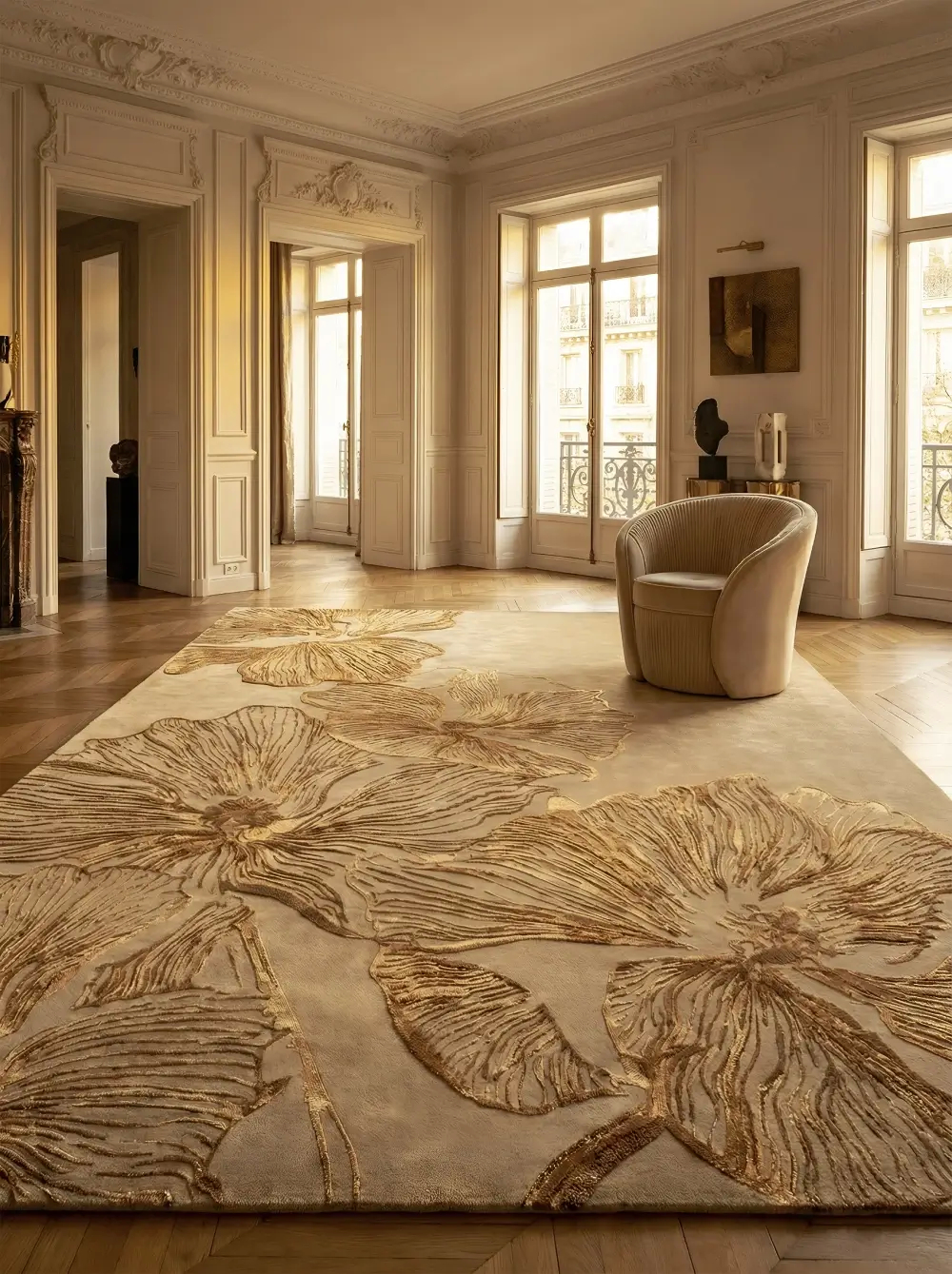 Poppy Bronze Rug by KOKET in elegant Parisian interior with sculpted floral pattern and warm bronze tones, showcasing luxury interior design inspiration.