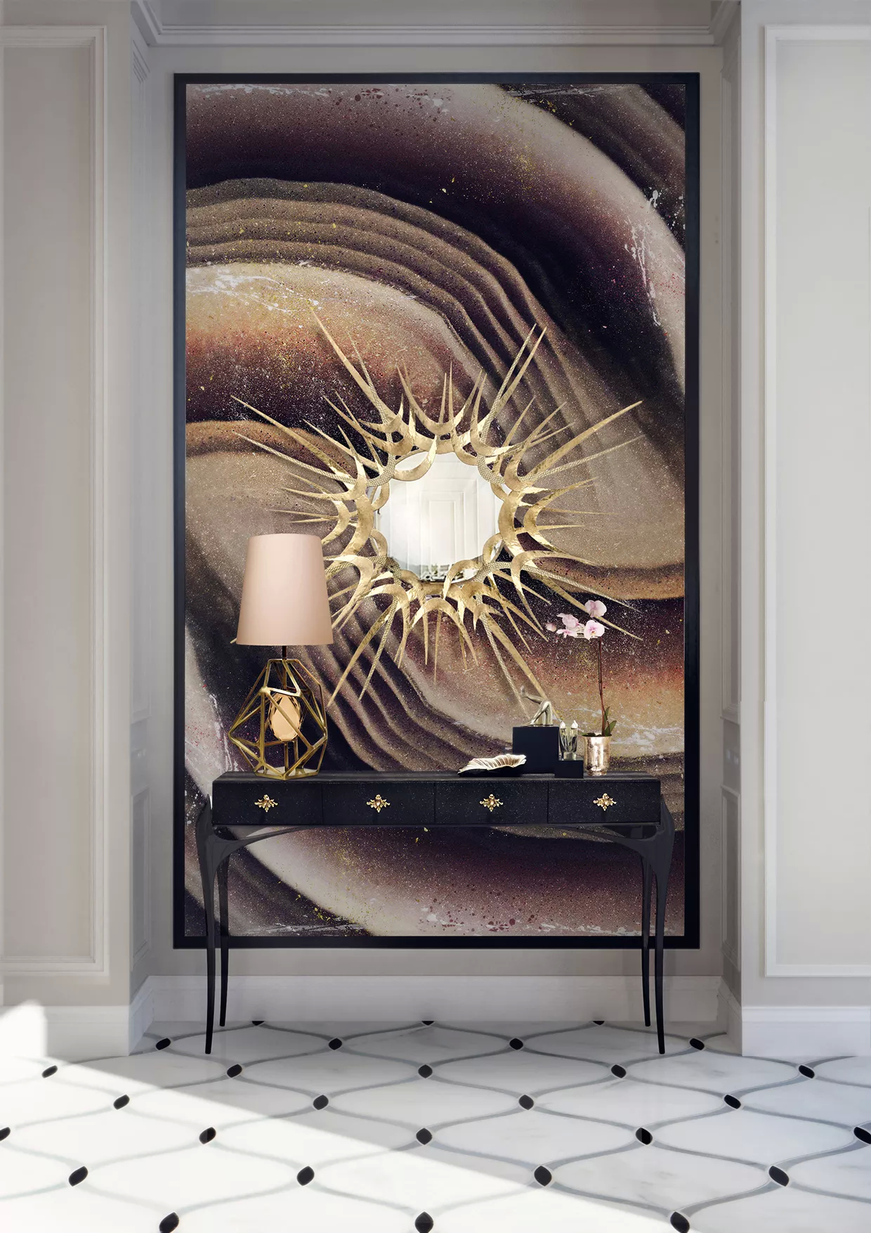 Combining with the earthy tones of the background, the Guilt Mirror, with its sunburst golden frame is hang. Below, there is a black Temptation Console with golden handles, and a golden Gem Table Lamp on top of it, reflecting the luxurious essence of the space.