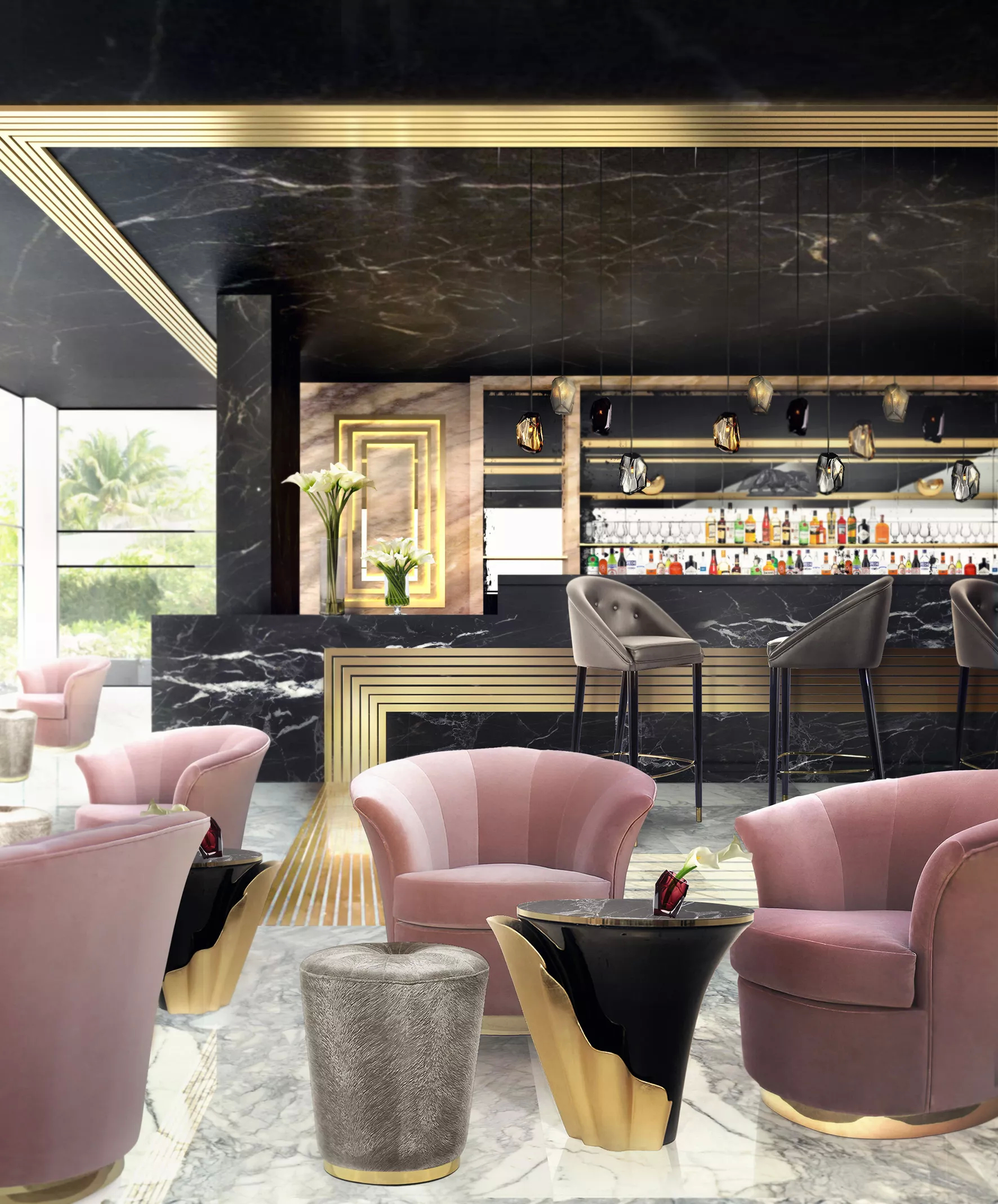 A hospitality bar in dark hues, with black marble and golden details, combining perfectly with the Yasmine Side Table in the center of the space. Bringing a hint of color to the space, various pink Besame Metal Base Chairs add a touch of comfort.