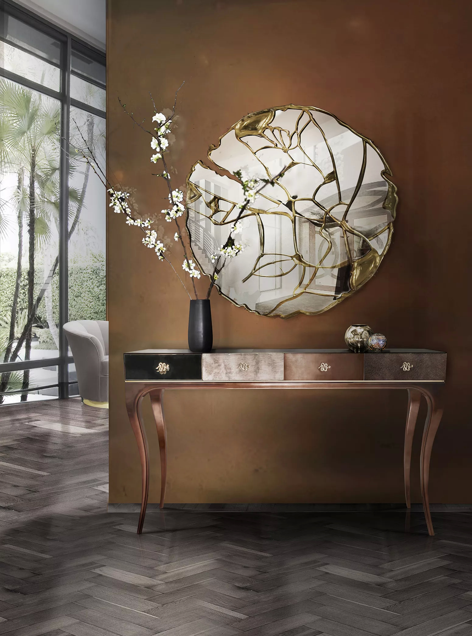 In neutral hues, this entryway has an elegant Untames Console in the center, in earthy colors, with a vase on top. Above it, there is a mirror with a golden structure, simulating that it is broken. In the back there is a Besame Chair lurking.