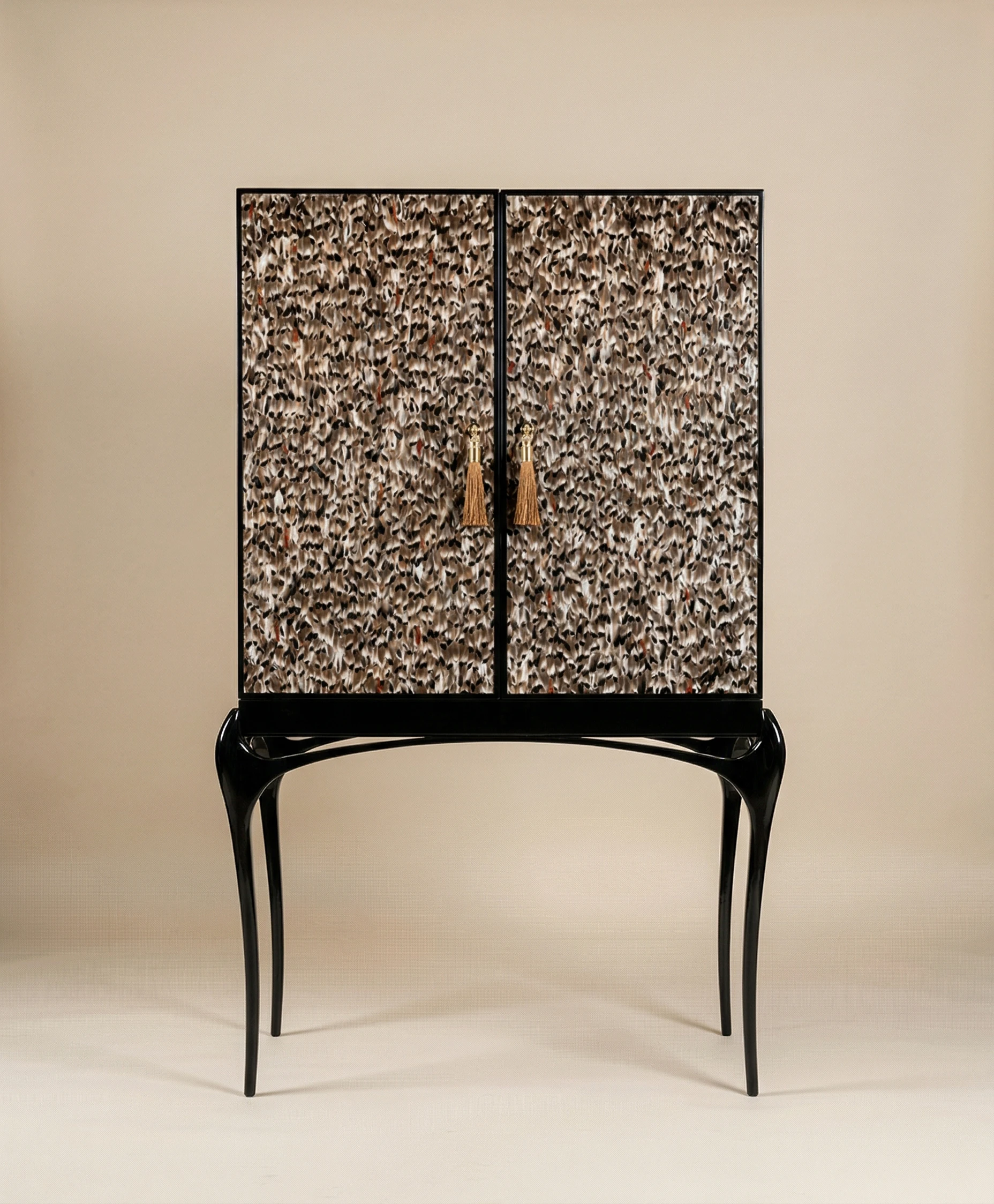 Temptation Folie Feather Bar Cabinet by KOKET, feather-textured finish, black curved legs, luxury bespoke furniture