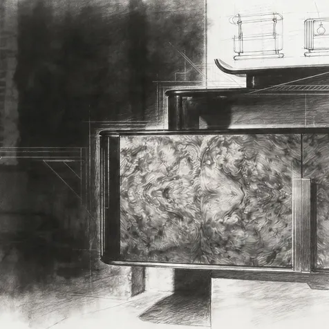 KOKET Women Art Deco luxury chest concept sketch showing rich wood veneer pattern, black lacquer structure and refined gold detailing.