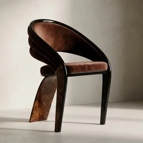 KOKET Women Art Deco luxury chair with curved black lacquer frame, brown upholstered seat and sculptural wood veneer back leg.
