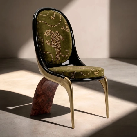 KOKET Gabrielle Dining Chair with olive green patterned upholstery, black lacquered frame and sculptural brass legs.